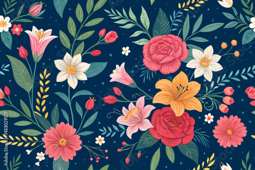 Design a vibrant, seamless floral pattern featuring diverse, realistically rendered flowers in full bloom on a dark teal background.  The style should be sophisticated and detailed.