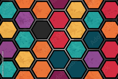 Generate a vibrant, seamless hexagon pattern featuring bold, contrasting colors and deep, rich hues.  The hexagons should interlock perfectly.
