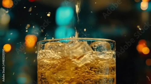 Refreshing amber beverage with ice cubes tumbling into a clear glass in 4K resolution