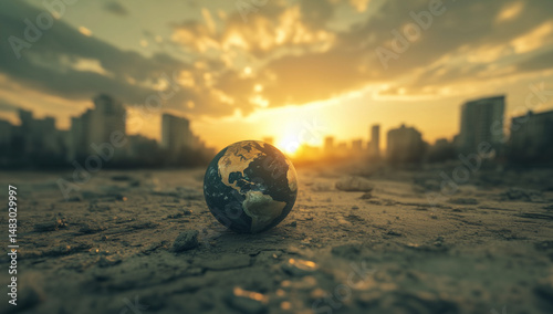 荒れ地にある地球と都市の光 / Earth on cracked ground with glowing city