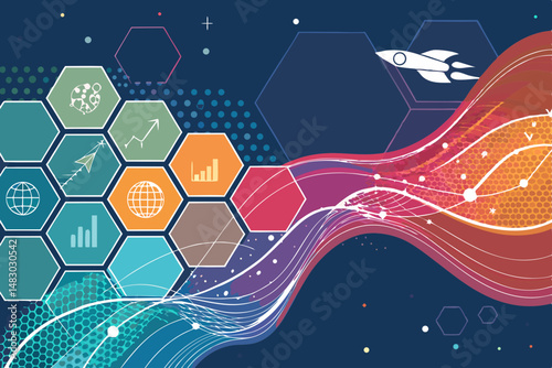 Design an abstract background depicting startup innovation; bold colors, geometric shapes, and dynamic lines suggesting rapid growth and technological advancement.