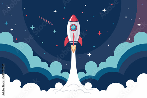 Design a vibrant vector background for a startup launch, featuring a bold, stylized rocket soaring upwards against a dynamic backdrop.  Include bright colors and a futuristic feel.