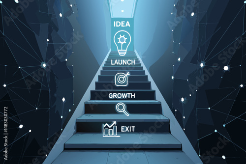 Illustrate a glowing path to startup success, showcasing key milestones with vibrant icons.  Include funding, product launch, and market dominance symbols.