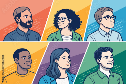 Create a vector illustration of four diverse startup team avatars with bold outlines.  Each avatar should have a distinct personality and style.