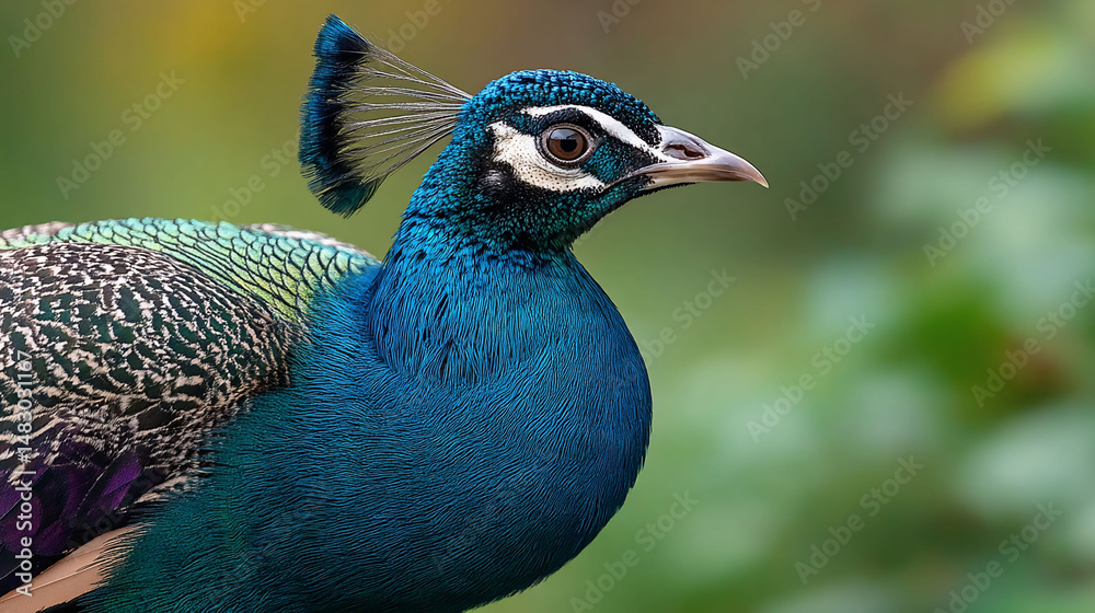 Striking peacocks blue plumage head and crest Striking peacocks blue plumage head and crest