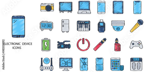Electronic Device simple concept 24 hand drawn color icons set .Vector illustration.