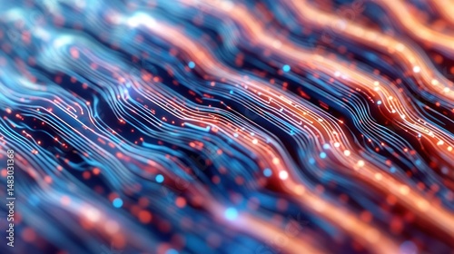 Abstract digital image illustrating flowing illuminated electronic pathways and patterns