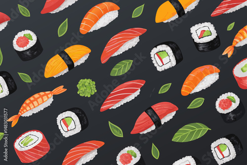 Create a vibrant, repeating pattern featuring bold, stylized illustrations of nigiri sushi, incorporating maki rolls and other sushi elements.  Maintain a clean, modern aesthetic.