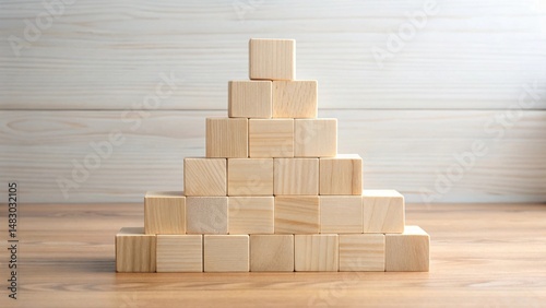 Wallpaper Mural Wooden blocks pyramid structure on a table against a light wood background Torontodigital.ca