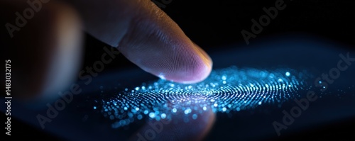 A finger touches a digital screen, illuminating a glowing fingerprint for biometric identification.