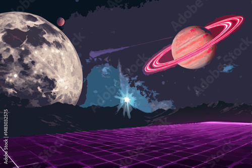 Synthwave-styled artwork depicting a vibrant moon and planet, bathed in bold, neon glows; detailed atmospheric perspective, 80s retrofuturistic style.