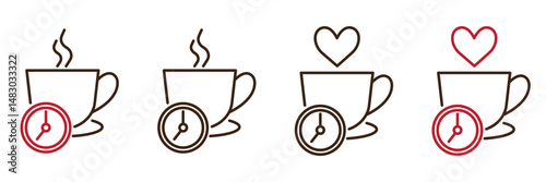 Coffee Time icon set isolated on transparent background. Coffee Cup with Steam and Heart. Set of four variants of Time for Coffee illustrations. Time to have a break. Editable stroke. 