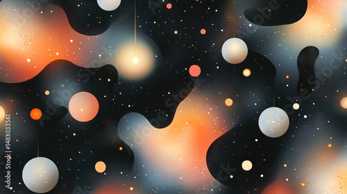 Abstract artwork featuring spheres and fluid shapes on dark backgrounds