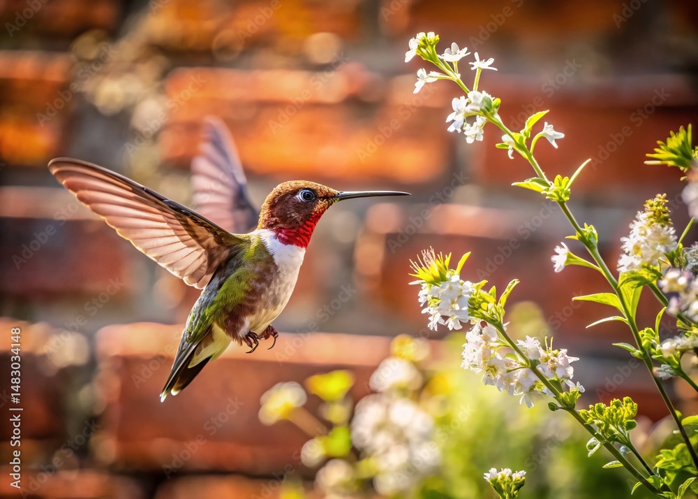 Fototapeta premium Anna's Hummingbird Feeding on White Flowers in Urban Garden