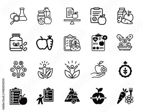 Set of clean, modern nutrition icons in vector format – perfect for health, diet, and wellness projects. Includes submit button icon for easy integration