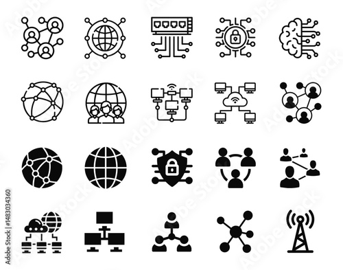 Set of modern networking icons, including connection, communication, and data exchange symbols, perfect for digital and technology-themed designs. Vector format, fully editable and scalable