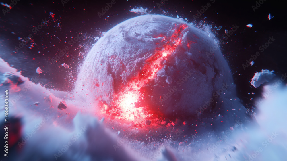 Obraz premium A celestial body is breaking apart with glowing red fissures, surrounded by billowing clouds of cosmic debris. The scene captures a moment of dramatic destruction in space