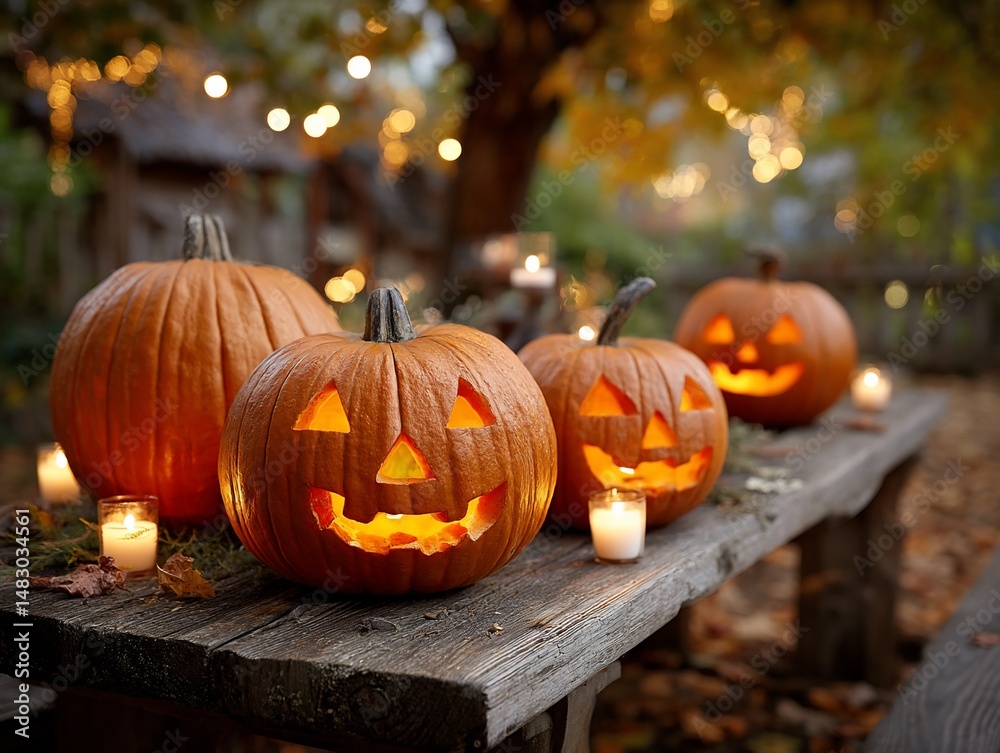 Fototapeta premium Spooky Halloween pumpkins glowing on rustic table