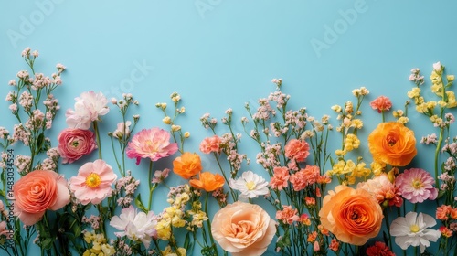 Colorful floral arrangement with roses and wildflowers on blue background