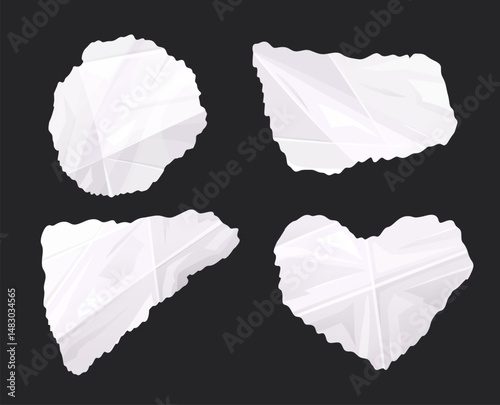 Set of wrinkled and crumpled wite paper in shape of heart and circle
