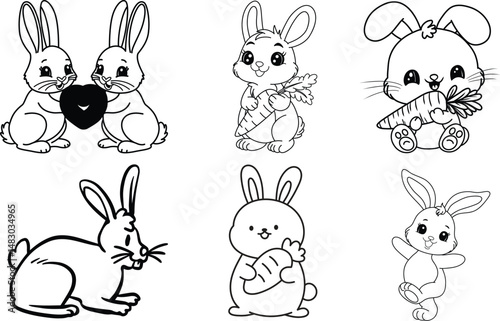 A set of easter rabbits on white background.