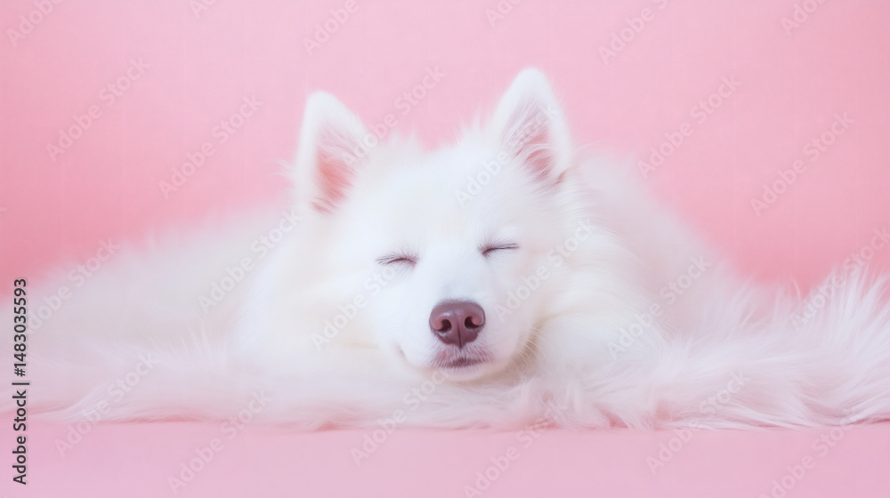 Fototapeta premium A soft, fluffy white dog lies peacefully on a pink background, eyes closed and expression relaxed, creating a tranquil and serene atmosphere