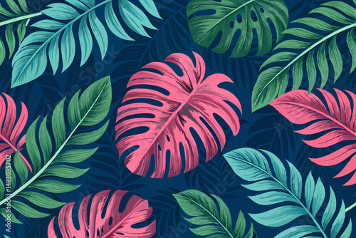 Vibrant tropical leaf pattern featuring bold, saturated green and pink foliage.  Create a seamless, repeating textile design.
