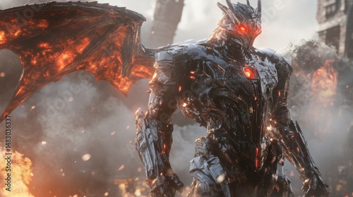 Futuristic dragon-like robot standing amidst fiery destruction and debris