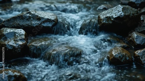 Water flows over dark rocks in a stream.