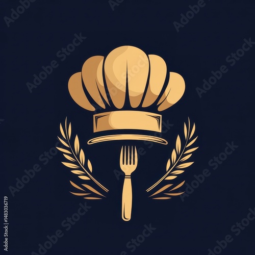 Culinary badge featuring a chef hat and fork surrounded by wheat sheaves, symbolizing excellence in cooking