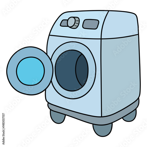 Hand drawn cartoon open washing machine on white background.