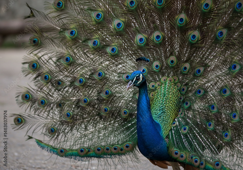 Fototapeta premium 鮮やか孔雀羽根 誇らしげに輝く羽根を広げる