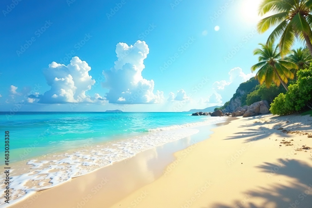 Sunny beach scene, clear blue sky, golden sand, ocean waves Perfect summer vacation backdrop , beach, tropical, joyful Sunny beach scene, clear blue sky, golden sand, ocean waves Perfect summer vacation backdrop , beach, tropical, joyful