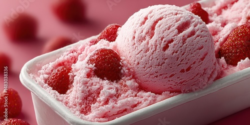Delicious strawberry ice cream served in a bowl with fresh strawberries and a soft pink background