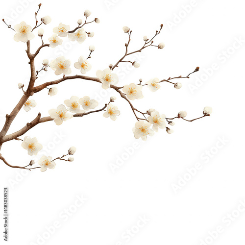 A delicate branch adorned with beautiful white blossoms and buds, representing spring and renewal. Ideal for illustrating themes of nature and tranquility.