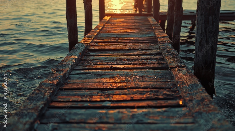 Fototapeta premium Wooden dock extending into a tranquil water body at sunset.