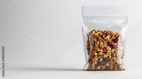Clear plastic bag filled with homemade granola mix containing oats dried fruits and nuts with a plain white background for snack or breakfast ingredients