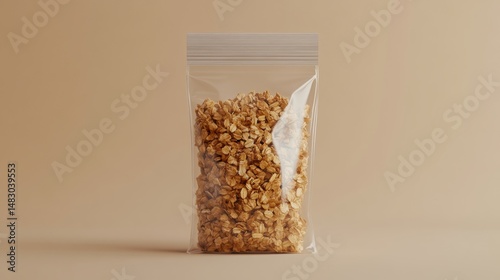 Clear plastic bag filled with golden brown granulated cereal or dried oats, standing upright on a plain beige background, minimalistic and detailed shot