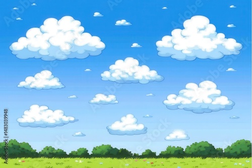 Cartoonish Sky with Fluffy Clouds and Grassy Landscape