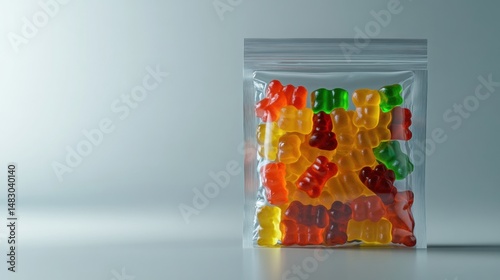 Clear plastic resealable bag filled with colorful gummy bears different colors and flavors isolated against a plain light background
