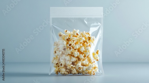 Close-up of a transparent plastic bag filled with fresh popcorn on a light blue background for healthy snacks and food packaging concepts