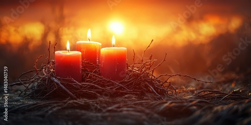 Warm sunset glow illuminates three candles nestled in twigs during a tranquil evening gathering