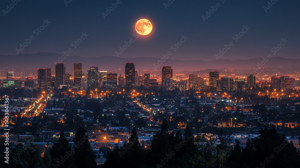Obraz premium Cityscape at night with a supermoon