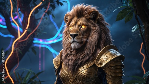 Majestic Lion in Golden Armor, Futuristic Digital Jungle, Glowing Eyes, Cinematic Fantasy Art