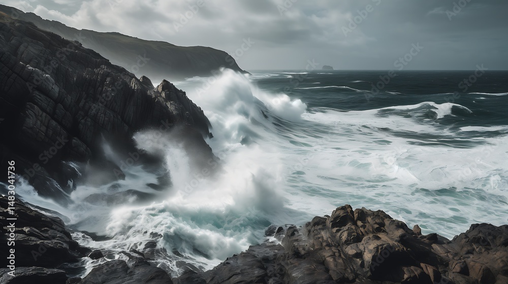 Obraz premium Ocean waves crash rocks.