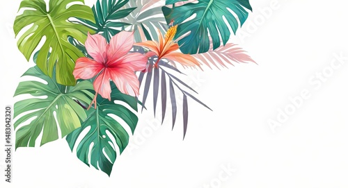 Fondo de hojas y flores tropicales. clipart. fondo blanco. 