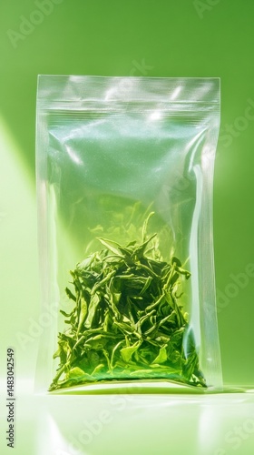 Wallpaper Mural Fresh green tea leaves inside a clear sealed plastic bag on a bright green background with natural lighting and minimal shadows for health and wellness concepts Torontodigital.ca