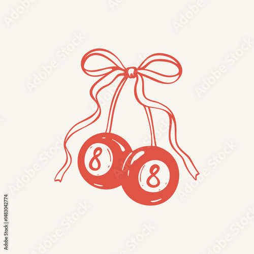 Number eight billiard ball in girly cherry style. Whimsical coquette drawing with cute ribbon bow. Pool 8 sphere. Aesthetic minimalist art vector illustration. Feel lucky day concept. Sport game