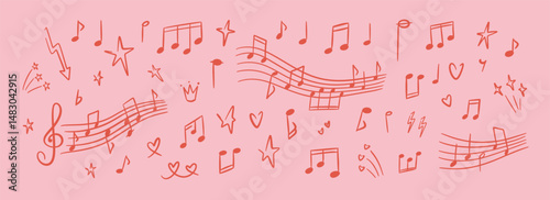 Romantic pink pastel music background. Hand drawn doodle notes and love music song tune. Wedding, bachelorette party, Valentines day, girly birthday coquette sketch design. Whimsical drawing