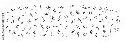 Set of cute line doodle comic design elements. Movement and motion expression, magic and light effect, heart, star shape sketch. Childish handwriting scribbles. Japanese style drawing